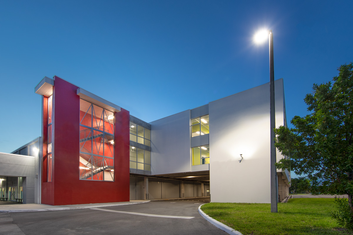 Architectural dusk view of the Mater Academy stem charter high school in Miami, FL